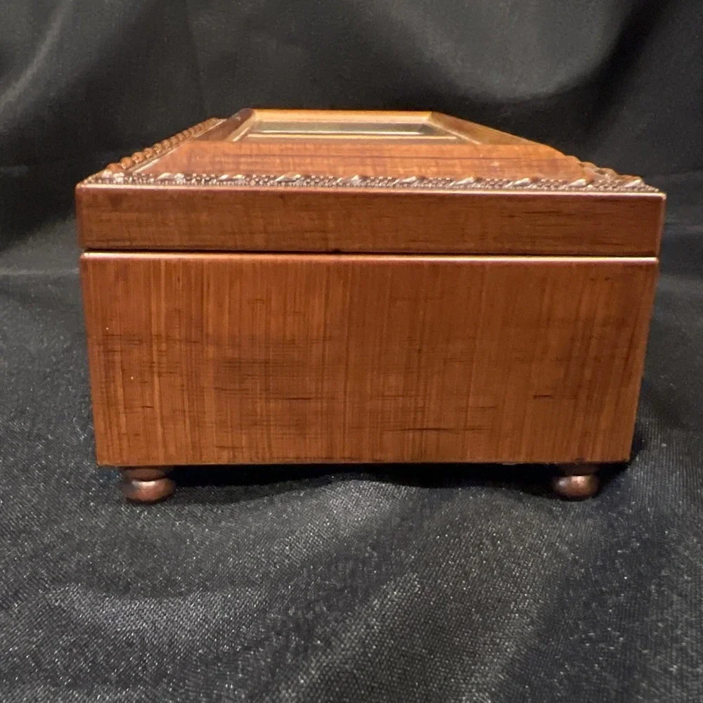 Wooden Music Musical Jewelry Box Glass Picture frame  Hinged Lid Sankyo Movement